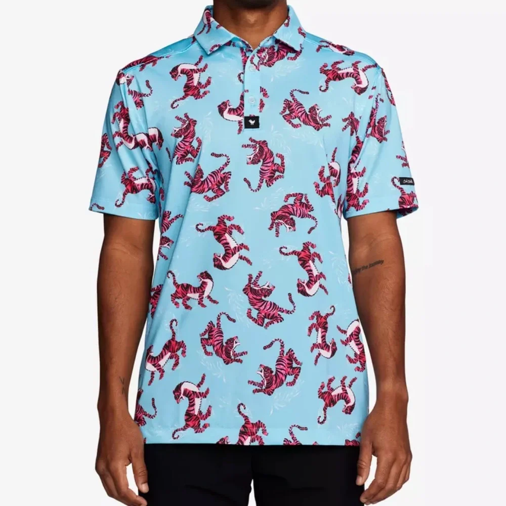 Bad Birdie Men's Tiger Watch Golf Polo Shirt Light Blue and‎ Red Size XL